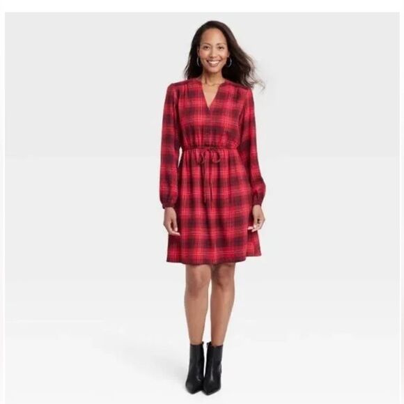 Knox Rose Long Sleeve Split Neck Plaid A Line Belted Dress in Red Plaid Size XS - Picture 1 of 8